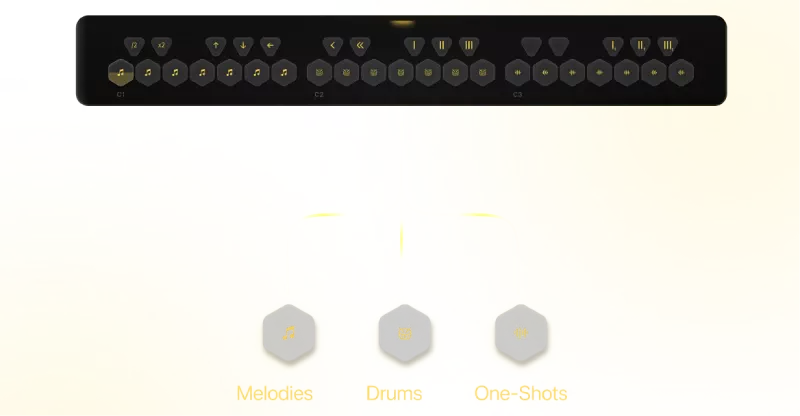 3-octave piano layout for melodies, drums, and one-shots.